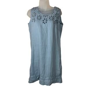 100% Linen Light Blue Embroidered Floral Knee Length Preppy Cottage S Sleeveless